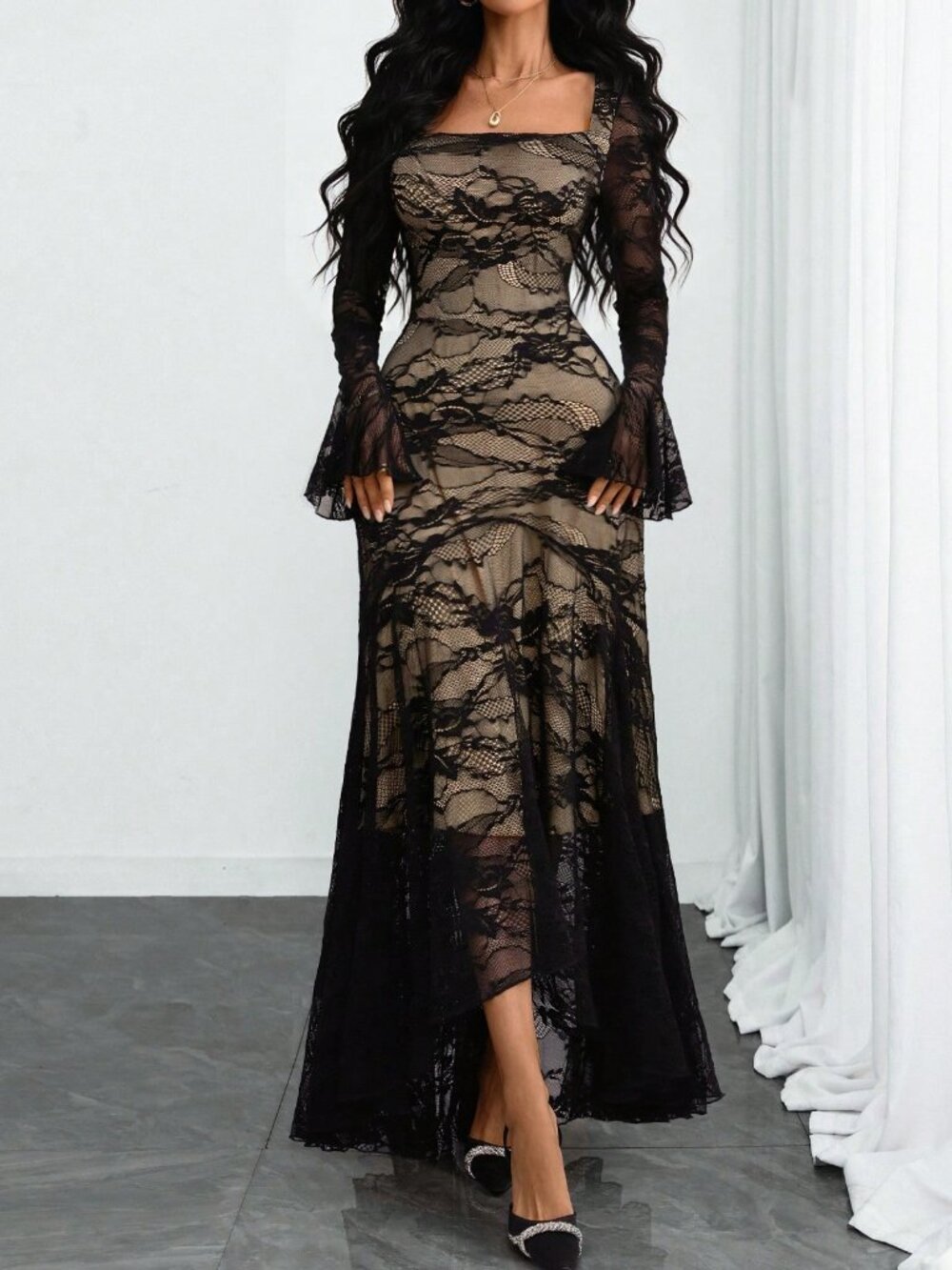 Black Elegant Women's Sexy Square Neck Lace Ruffle Sleeve Maxi Dress - Picture 4 of 5